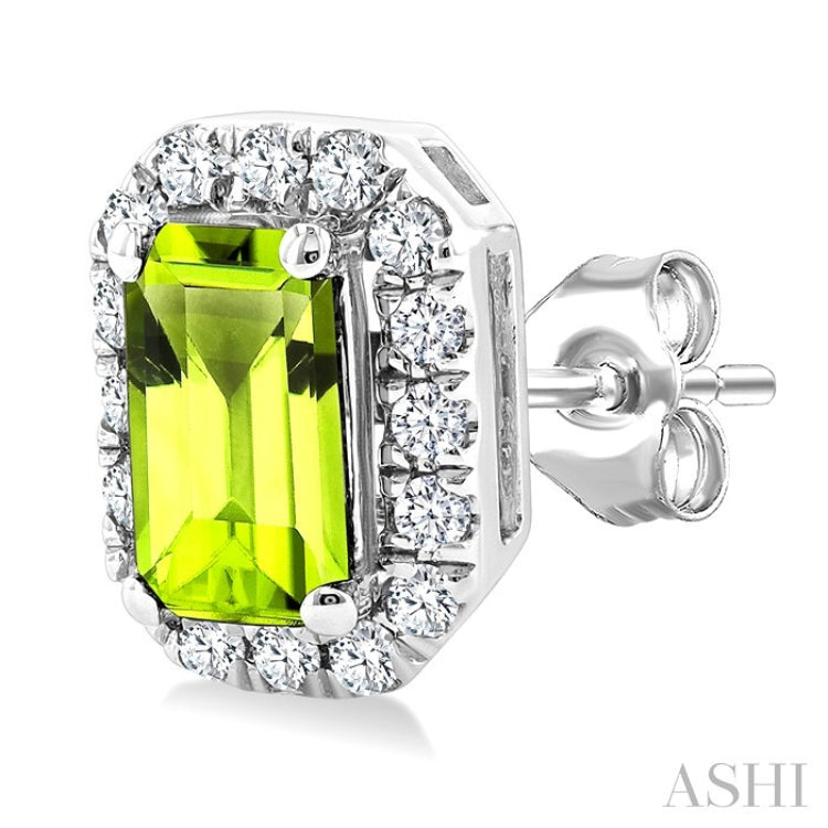 5x3 MM Octagonal Shape Peridot and 1/8 Ctw Round Cut Diamond Halo Semi-Precious Stud Earrings in 10K White Gold