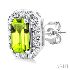 5x3 MM Octagonal Shape Peridot and 1/8 Ctw Round Cut Diamond Halo Semi-Precious Stud Earrings in 10K White Gold