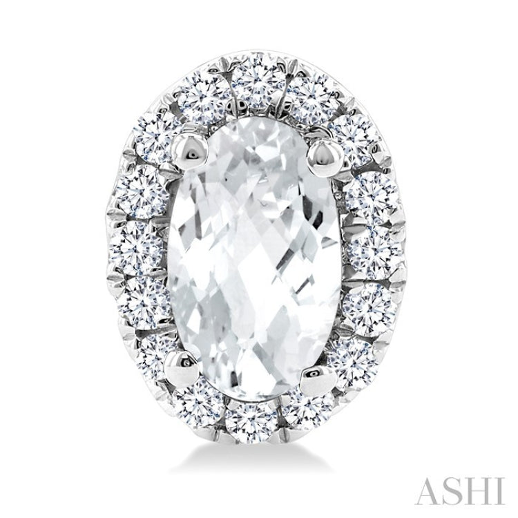 5x3 MM Oval Shape White Topaz and 1/8 Ctw Round Cut Diamond Halo Semi-Precious Stud Earrings in 10K White Gold