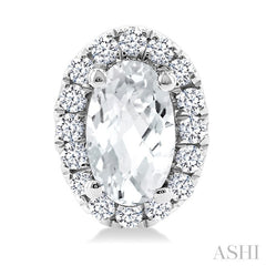 5x3 MM Oval Shape White Topaz and 1/8 Ctw Round Cut Diamond Halo Semi-Precious Stud Earrings in 10K White Gold