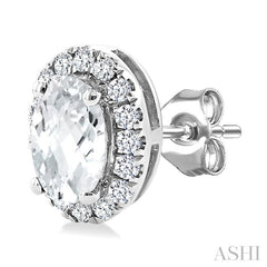 5x3 MM Oval Shape White Topaz and 1/8 Ctw Round Cut Diamond Halo Semi-Precious Stud Earrings in 10K White Gold