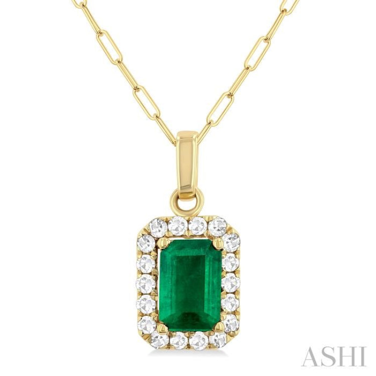 6x4 MM Octagonal Shape Emerald and 1/6 Ctw Round Cut Diamond Halo Precious Pendant with Chain in 14K Yellow Gold