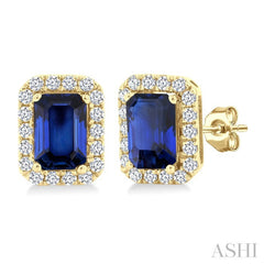 6x4 MM Octagonal Shape Sapphire and 1/4 Ctw Round Cut Diamond Halo Precious Stud Earrings in 14K Yellow Gold