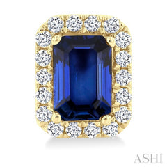 6x4 MM Octagonal Shape Sapphire and 1/4 Ctw Round Cut Diamond Halo Precious Stud Earrings in 14K Yellow Gold