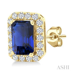 6x4 MM Octagonal Shape Sapphire and 1/4 Ctw Round Cut Diamond Halo Precious Stud Earrings in 14K Yellow Gold