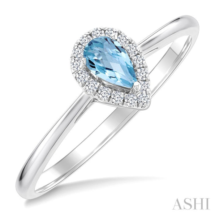 5x3 MM Pear Shape Aquamarine and 1/20 Ctw Round Cut Diamond Halo Semi-Precious Ring in 10K White Gold