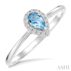 5x3 MM Pear Shape Aquamarine and 1/20 Ctw Round Cut Diamond Halo Semi-Precious Ring in 10K White Gold