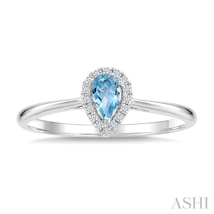 5x3 MM Pear Shape Aquamarine and 1/20 Ctw Round Cut Diamond Halo Semi-Precious Ring in 10K White Gold
