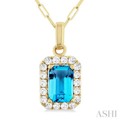 6x4 MM Octagonal Shape Blue Topaz and 1/6 Ctw Round Cut Diamond Halo Semi-Precious Pendant with Chain in 10K Yellow Gold