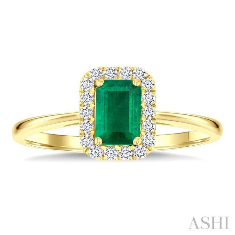 6x4 MM Octagonal Shape Emerald and 1/6 Ctw Round Cut Diamond Halo Precious Ring in 10K Yellow Gold