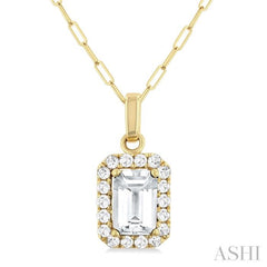 6x4 MM Octagonal Shape White Topaz and 1/6 Ctw Round Cut Diamond Halo Semi-Precious Pendant with Chain in 10K Yellow Gold