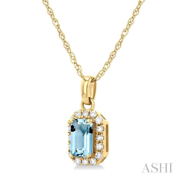 5x3 MM Octagonal Shape Aquamarine and 1/20 Ctw Single Cut Diamond Halo Semi-Precious Pendant with Chain in 14K Yellow Gold