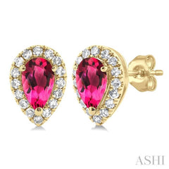5x3 MM Pear Shape Pink Tourmaline and 1/8 Ctw Single Cut Diamond Halo Semi-Precious Stud Earrings in 14K Yellow Gold