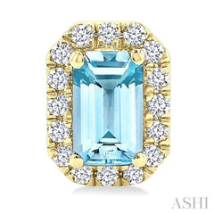 5x3 MM Octagonal Shape Aquamarine and 1/8 Ctw Round Cut Diamond Halo Semi-Precious Stud Earrings in 10K Yellow Gold