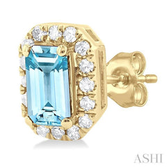 5x3 MM Octagonal Shape Aquamarine and 1/8 Ctw Round Cut Diamond Halo Semi-Precious Stud Earrings in 10K Yellow Gold