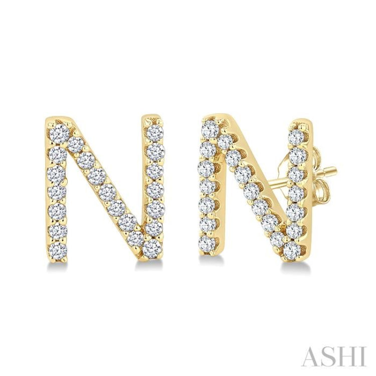 1/8 Ctw Initial 'N' Single Cut Diamond Earrings in 10K Yellow Gold