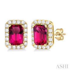 6x4 MM Octagonal Shape Pink Tourmaline and 1/4 Ctw Round Cut Diamond Halo Semi-Precious Stud Earrings in 14K Yellow Gold