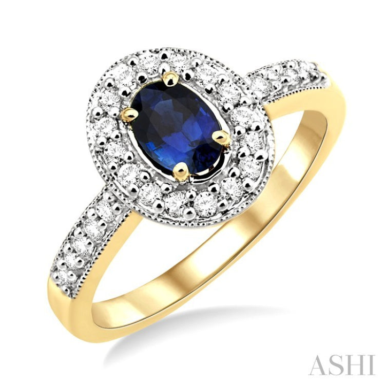6x4 MM Oval Cut Sapphire and 1/4 Ctw Round Cut Diamond Ring in 14K Yellow Gold