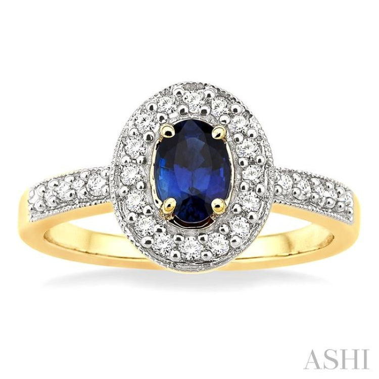 6x4 MM Oval Cut Sapphire and 1/4 Ctw Round Cut Diamond Ring in 14K Yellow Gold
