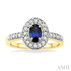 6x4 MM Oval Cut Sapphire and 1/4 Ctw Round Cut Diamond Ring in 14K Yellow Gold