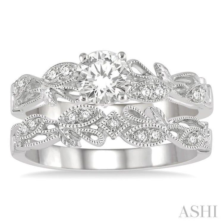 3/8 Ctw Leaf Lattice Diamond Wedding Set With 1/3 Ctw Round Cut Engagement Ring and 1/20 Ctw Wedding Band in 14K White Gold