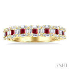 2 MM Princess Cut Ruby and 1/2 Ctw Baguette & Round Cut Diamond Precious Ring in 14K Yellow Gold