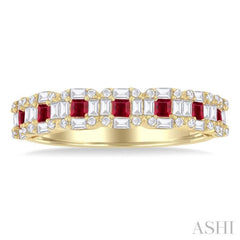 2 MM Princess Cut Ruby and 1/2 Ctw Baguette & Round Cut Diamond Precious Ring in 14K Yellow Gold