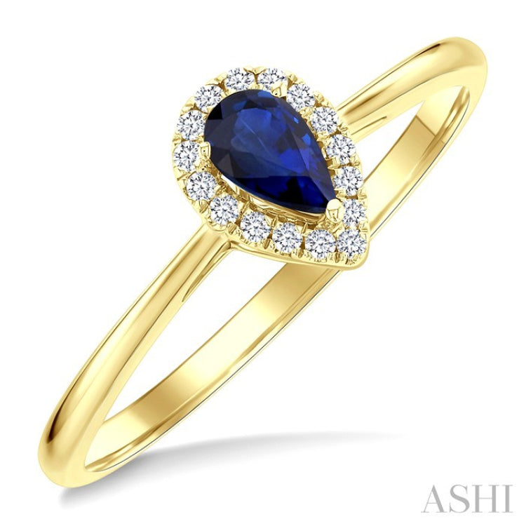 5x3 MM Pear Shape Sapphire and 1/20 Ctw Round Cut Diamond Halo Precious Ring in 10K Yellow Gold