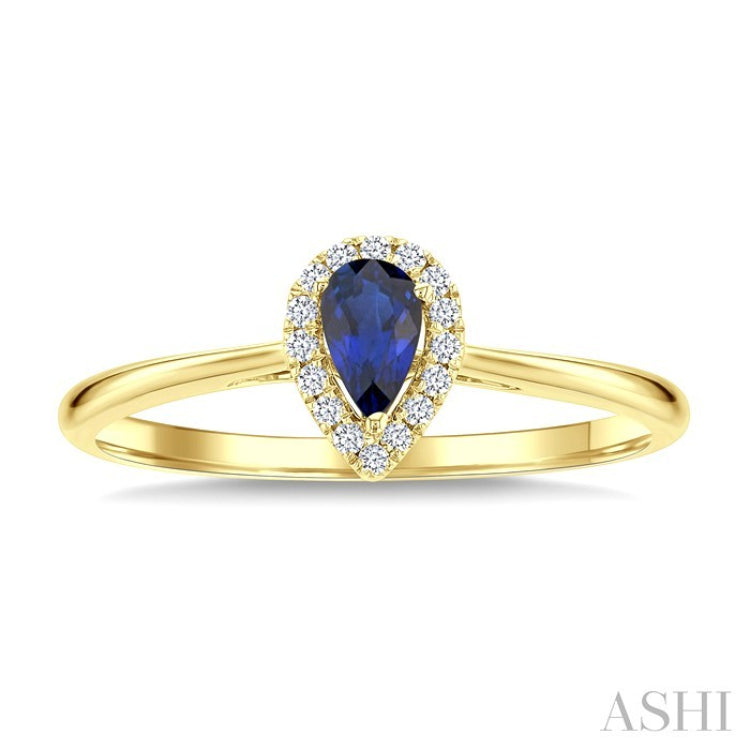 5x3 MM Pear Shape Sapphire and 1/20 Ctw Round Cut Diamond Halo Precious Ring in 10K Yellow Gold