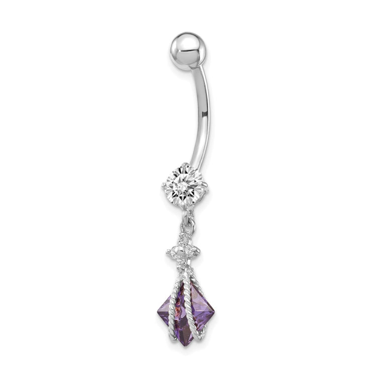 10k White Gold Square Amethyst and CZ Belly Dangle