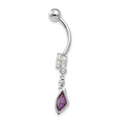 10k White Gold Square Amethyst and CZ Belly Dangle