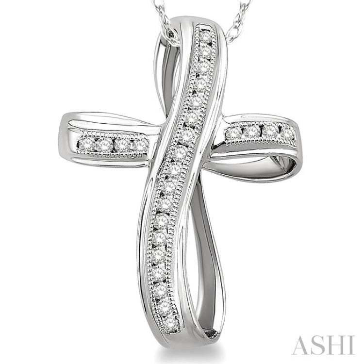 1/4 Ctw Channel Set Round Cut Diamond Cross Pendant in 10K White Gold with Chain