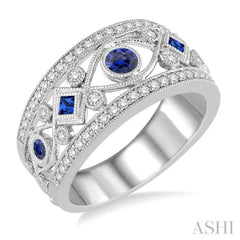1/3 Ctw Round Cut Diamond and Princess & Round Cut Sapphire Precious Band in 14K White Gold