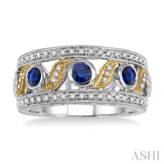 3 MM Diamond cut Round Sapphire and 1/6 Ctw Round Cut Diamond Precious Fashion Band in 14K White and Yellow Gold
