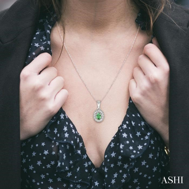 6x4 MM Oval Cut Emerald and 1/5 Ctw Round Cut Diamond Pendant in 14K White Gold with Chain