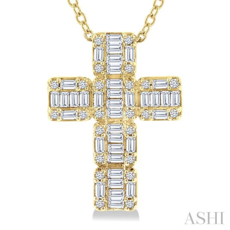 1/2 Ctw Fusion Baguette and Round Cut Diamond Cross Fashion Pendant With Chain in 14K Yellow Gold