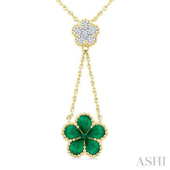 4x3 MM Pear Cut & 1.8 MM Round Emerald and 1/5 Ctw Round Cut Diamond Floral Blossom Precious Necklace in 14K Yellow Gold