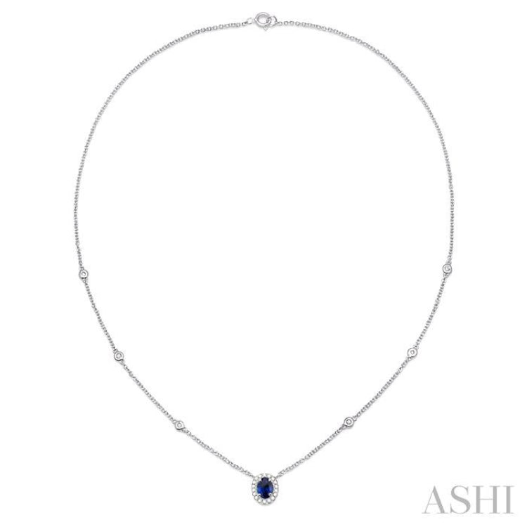 6x4 MM Oval Cut Sapphire and 1/6 Ctw Round Cut Diamond Precious Necklace in 14K White Gold