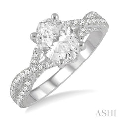 5/8 Ctw Oval Shape Split Criss-Cross Shank Round Cut Diamond Semi-Mount Engagement Ring in 14K White Gold