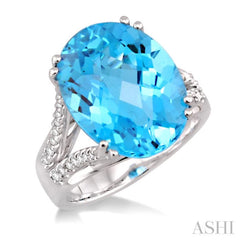 16x12 MM Oval Cut Blue Topaz and 1/4 Ctw Round Cut Diamond Semi-Precious Ring in 14K White Gold