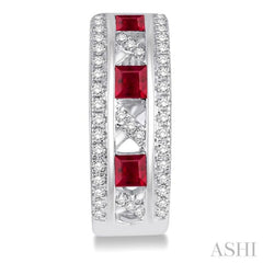 2.4x2.4 MM Princess Cut Ruby and 1/3 Ctw Round Cut Diamond Precious Earrings in 14K White Gold
