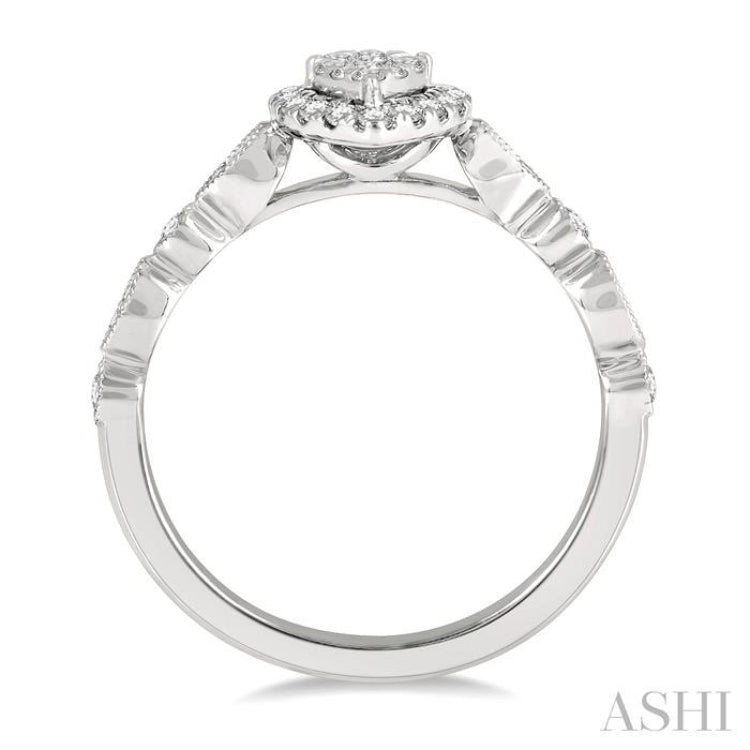 1/3 Ctw Lattice Pear Shape Lovebright Round Cut Diamond Engagement Ring in 14K White Gold