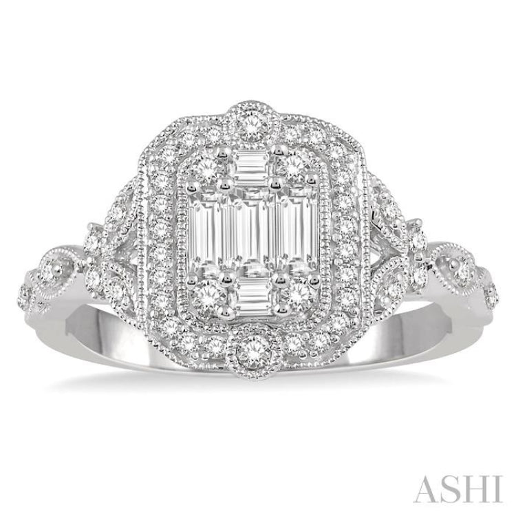 5/8 Ctw Intricate lattice Baguette and Round Cut Diamond Ring in 14K White Gold