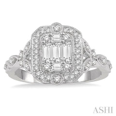 5/8 Ctw Intricate lattice Baguette and Round Cut Diamond Ring in 14K White Gold