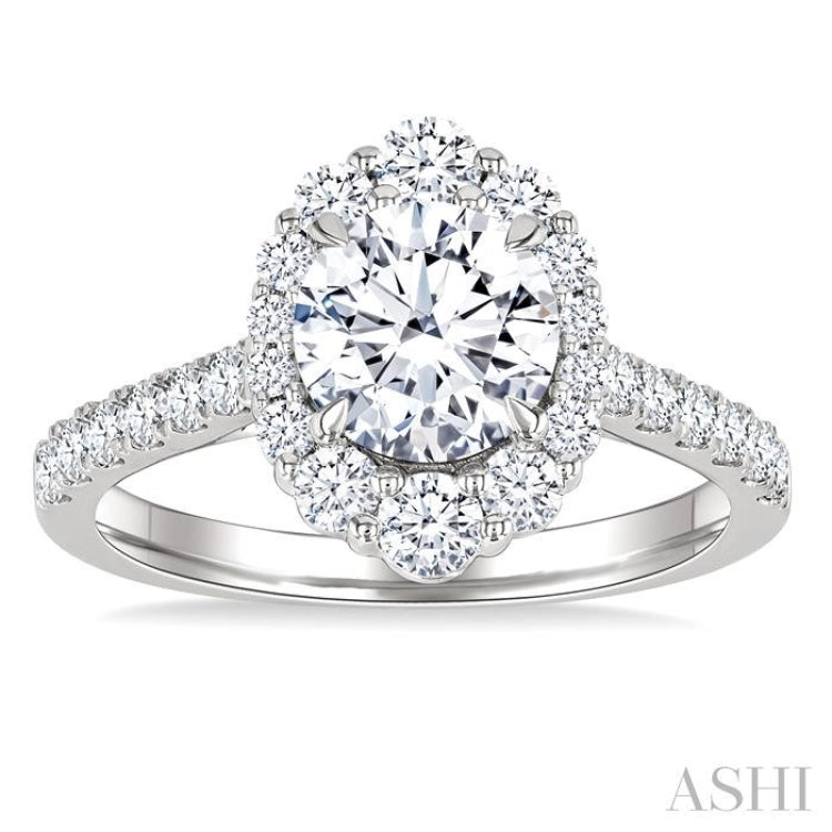3/4 Ctw Scalloped Oval Centerpiece Circular Shape Round Cut Diamond Semi-Mount Engagement Ring in 14K White Gold