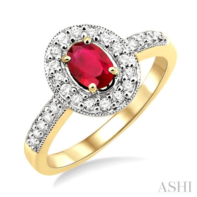 6x4 MM Oval Cut Ruby and 1/4 Ctw Round Cut Diamond Ring in 14K Yellow Gold