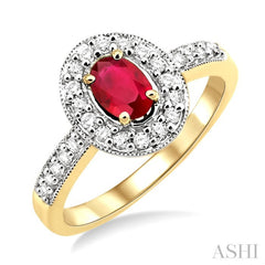 6x4 MM Oval Cut Ruby and 1/4 Ctw Round Cut Diamond Ring in 14K Yellow Gold