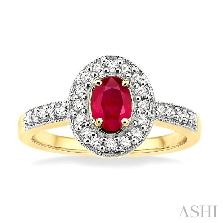 6x4 MM Oval Cut Ruby and 1/4 Ctw Round Cut Diamond Ring in 14K Yellow Gold