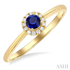3.25 MM Round Sapphire and 1/20 Ctw Single Cut Diamond Halo Precious Ring in 10K Yellow Gold