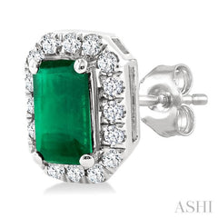5x3 MM Octagonal Shape Emerald and 1/8 Ctw Single Cut Diamond Halo Precious Stud Earrings in 10K White Gold